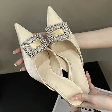 Xajzpa Spring Pointed Toe Crystal Buckle Mules Slippers Women Fashion Thin Heels Casual Party Shoes Zapatos De Mujer